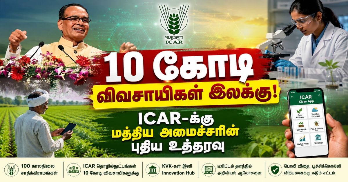மத்திய வேளாண் அமைச்சர் சிவராஜ் சிங் சௌகான் ICAR 98வது நிறுவன தின விழாவில் 10 கோடி விவசாயிகளுக்கு தொழில்நுட்பங்களை கொண்டு செல்லும் Mission ICAR-100 இலக்கை அறிவிக்கும் காட்சி